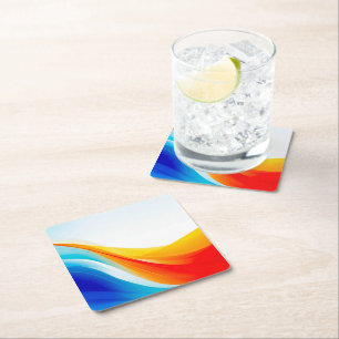Porta-copo De Papel Quadrado Linhas retro laranja e abstrato azul curvas