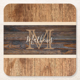 Porta-copo De Papel Quadrado Listra de Monograma em Tom de Madeira Rústica