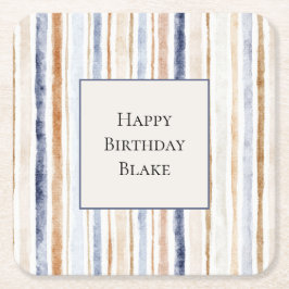 Porta-copo De Papel Quadrado Listras de Creme Azul de Aniversário