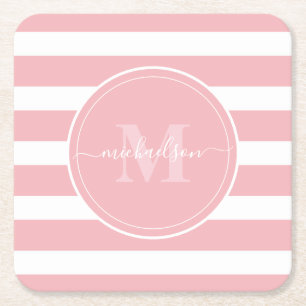 Porta-copo De Papel Quadrado Listras Rosa e Branco Monograma Nome