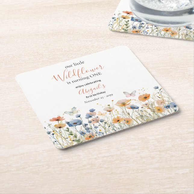 Porta-copo De Papel Quadrado Little Wildflower Butterfly Meadow 1st Birthday (Inclinado)