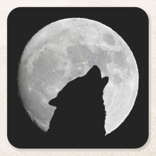 Porta-copo De Papel Quadrado Lobo Negro e Lua Cheia à Noite