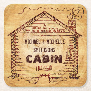 Porta-copo De Papel Quadrado Log Cabin Personalizado Nome Faux Wood Vintage