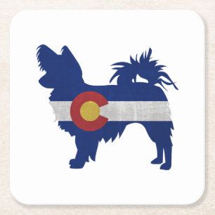 Porta-copo De Papel Quadrado Long Haired Chihuahua Colorado Flag Silhouette