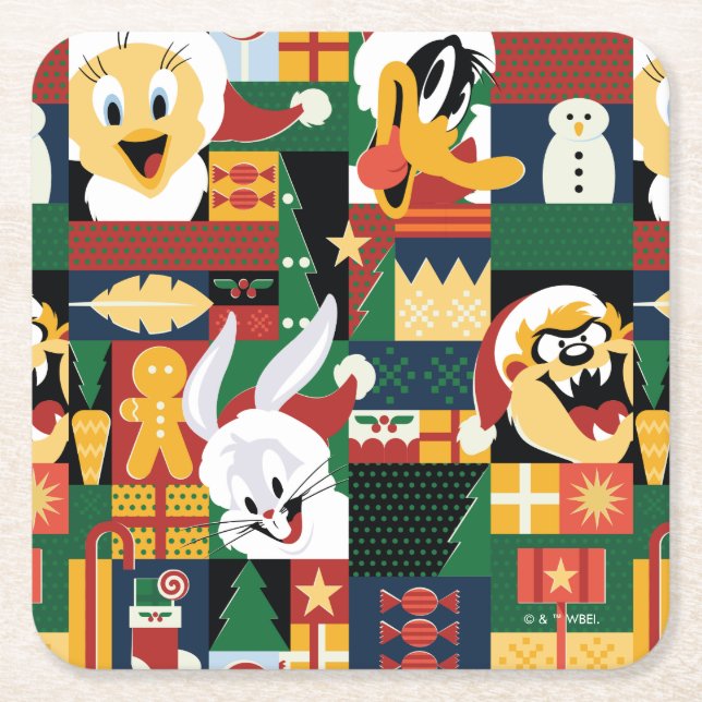 Porta-copo De Papel Quadrado LOONEY TUNES™ Holiday Block Patterno (Frente)