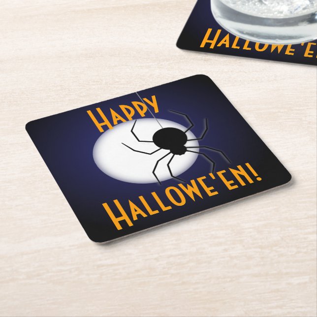 Porta-copo De Papel Quadrado Lua assustadora de Halloween feliz e aranha (Inclinado)