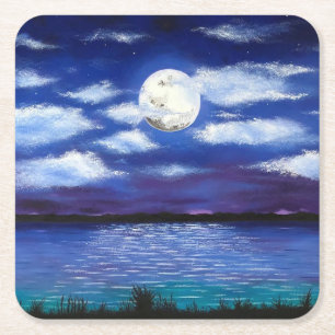 Porta-copo De Papel Quadrado "Lua cheia" Hora noturna de Ocean Beach Porta copo