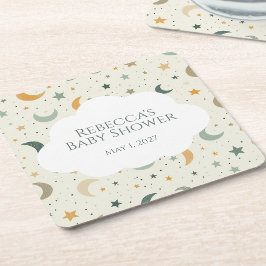 Porta-copo De Papel Quadrado Lua e Estrelas Boho Chá de Adoção Bebê