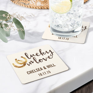 Porta-copo De Papel Quadrado Lucky in Love Horserrading Portas copos de casamen