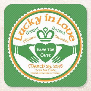 Porta-copo De Papel Quadrado Lucky in Love Irish Claddagh Weding Save the Date
