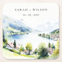Porta-copo De Papel Quadrado Lungern Switzerland Watercolor Landscape Wedding