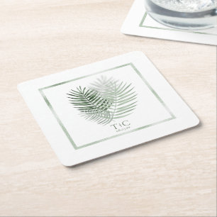 Porta-copo De Papel Quadrado Lush Palm Leaf Wedding Moss Green/White ID956