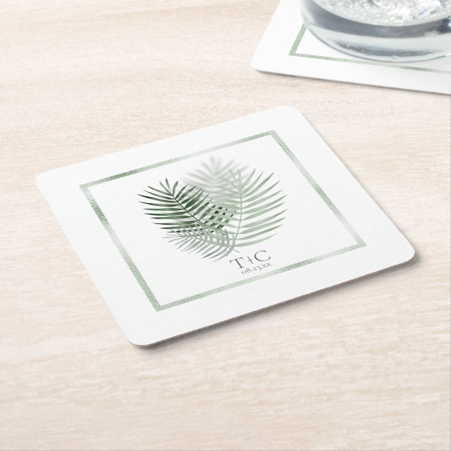 Porta-copo De Papel Quadrado Lush Palm Leaf Wedding Moss Green/White ID956 (Inclinado)
