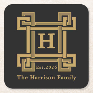 Porta-copo De Papel Quadrado Luxo Preto Dourado Chave Grega Monogramada
