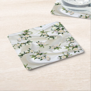 Porta-copo De Papel Quadrado Luxuoso, Branco, Seda Fluindo & Rosas Brancas.