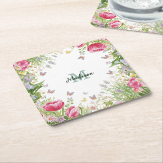 Porta-copo De Papel Quadrado Luxuoso Colorido Flor Silvestre Flor borboleta azu
