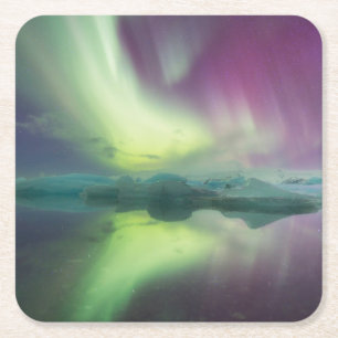 Porta-copo De Papel Quadrado Luzes da Aurora na Lagoa Jokulsarlon, Islândia