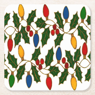 Porta-copo De Papel Quadrado Luzes de Natal e Azevinho em Arte Cloisonne