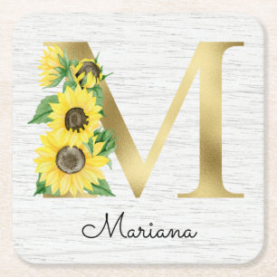 Porta-copo De Papel Quadrado M Girly Floral Inicial Monograma Ouro Girassol