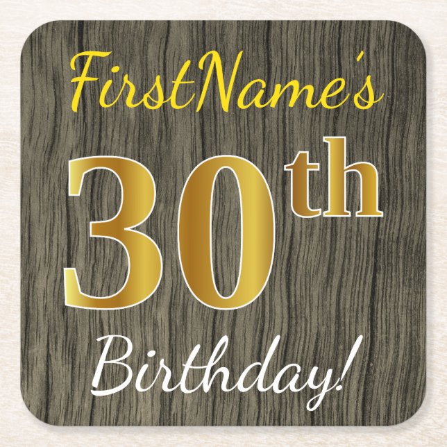 Porta-copo De Papel Quadrado Madeira Faux, aniversário de 30 anos Dourada Faux  (Frente)