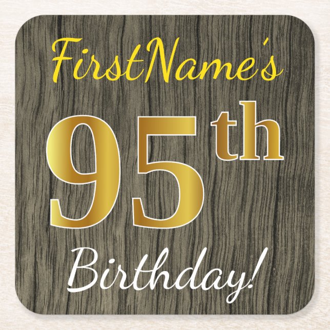 Porta-copo De Papel Quadrado Madeira Faux, Faux Dourado 95.o aniversário + nome (Frente)