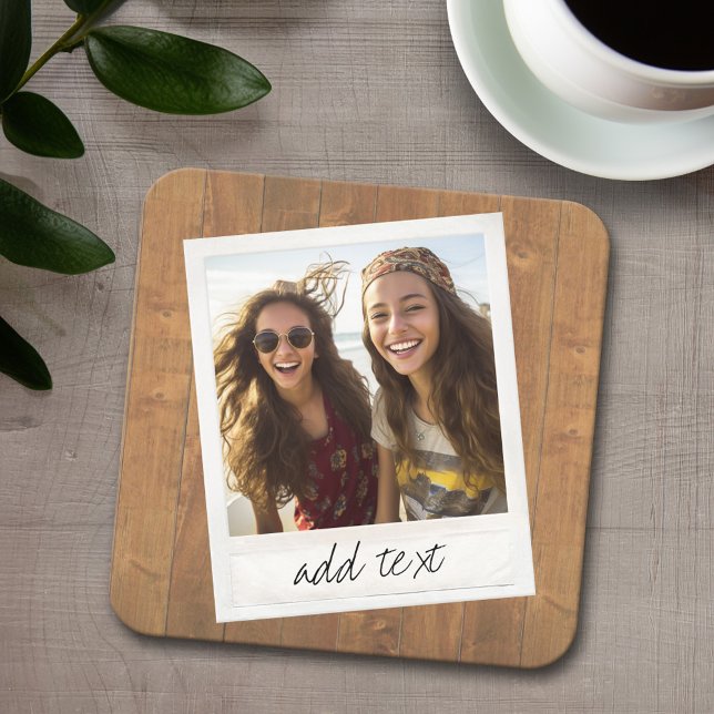 Porta-copo De Papel Quadrado Madeira Rústica com Foto Quadrada (Personalized coaster with 4 photos and text)