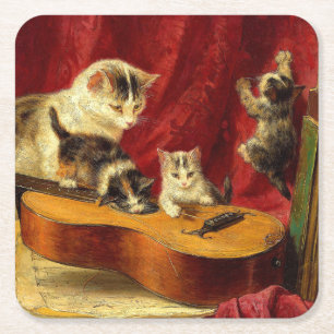 Porta-copo De Papel Quadrado Mãe Gato e Gatinhos Brincando com Violão