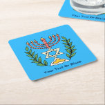 Porta-copo De Papel Quadrado Magen Persa David Menorah<br><div class="desc">Esta imagem foi adaptada de um antigo azulejo judeu persa e apresenta uma menorah com um Magen David (Estrela de David) enquadrado por ramos de oliveira. As imperfeições da imagem original pintada à mão foram preservadas. Adicione seu próprio texto.</div>