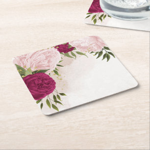 Porta-copo De Papel Quadrado magenta e flores cor-de-rosa folhagem casamento 