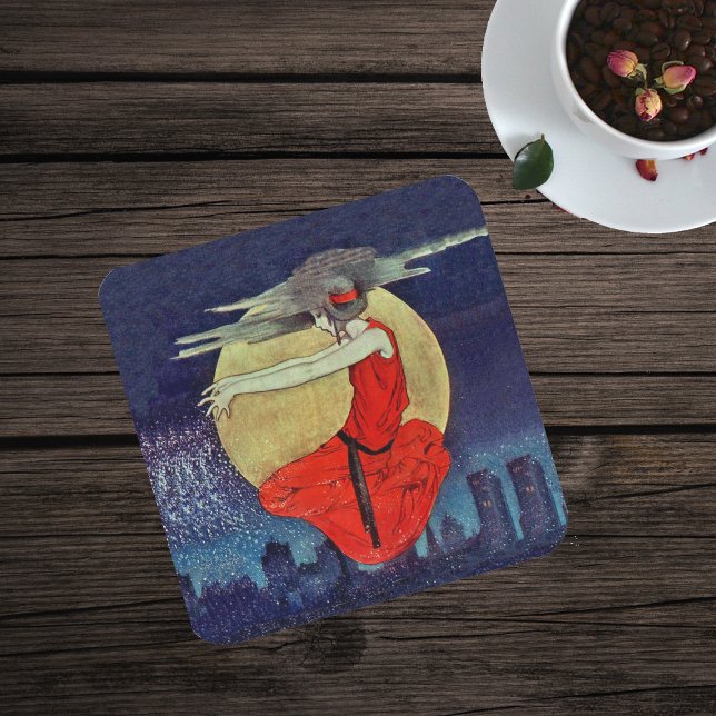 Porta-copo De Papel Quadrado Magic Floating Woman Night Sky Witch (Magic Witch lady red dress in sky over city buildings at night with moon clouds on drink coaster.)