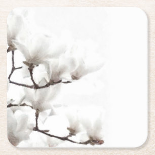 Porta-copo De Papel Quadrado Magnolia Branca e Negra Elegante Aquarela Floral