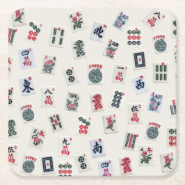 Porta-copo De Papel Quadrado Mah Jongg azulejos símbolos design no crachá