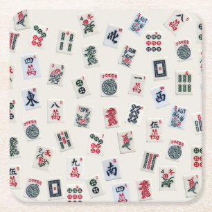 Porta-copo De Papel Quadrado Mah Jongg azulejos símbolos design no crachá
