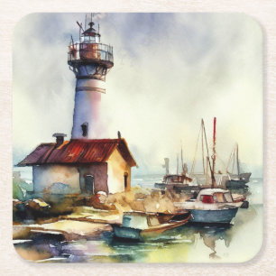 Porta-copo De Papel Quadrado Maine Farol e barcos Arte Aquecida