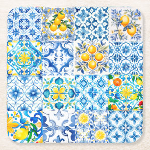 Porta-copo De Papel Quadrado Majolica, limão, azulejos sicilianos,