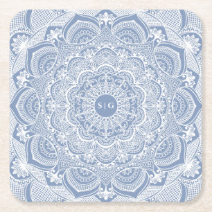 Porta-copo De Papel Quadrado Mandala branca azul empoeirada elegante