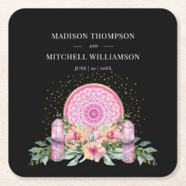 Porta-copo De Papel Quadrado Mandala Floral Rosa Cristais Metafísico Casamento