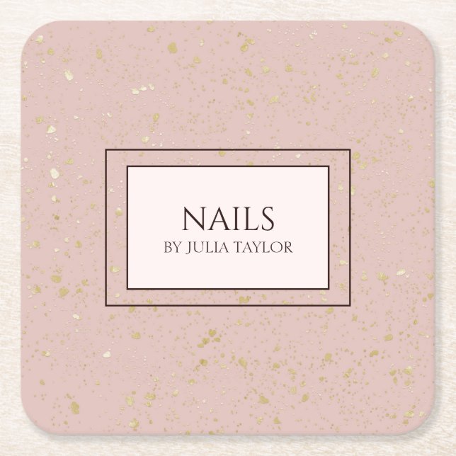 Porta-copo De Papel Quadrado Manicurista Dourado Elegante Rosa Glitter Nail Sal (Frente)