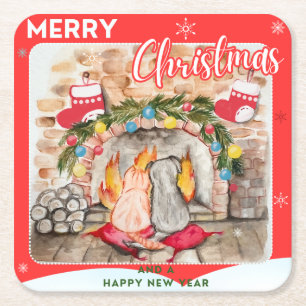 Porta-copo De Papel Quadrado Manta de Natal com cão e gato