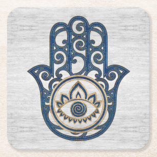 Porta-copo De Papel Quadrado Mão de Hamsa - mão da madeira do azul de Fatima