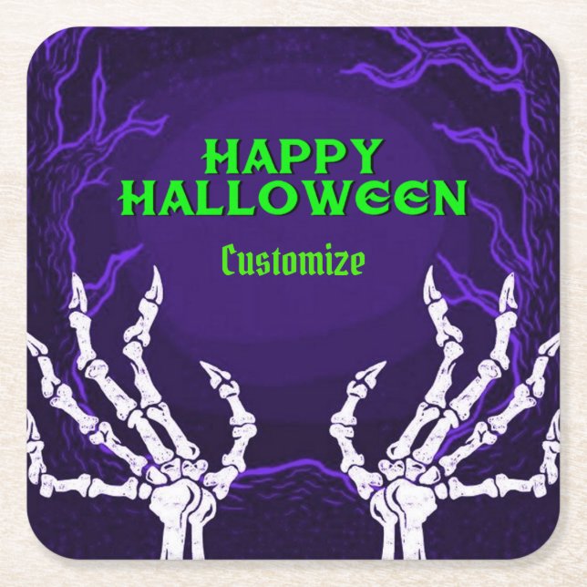 Porta-copo De Papel Quadrado Mãos de Esqueleto Roxo (Frente)