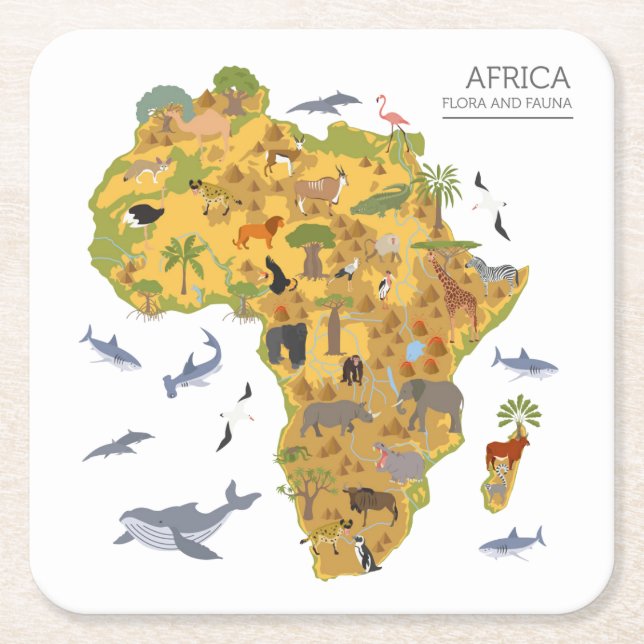 Porta-copo De Papel Quadrado Mapa da flora & da fauna de África | (Frente)