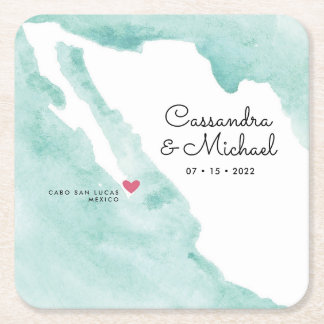 Porta-copo De Papel Quadrado Mapa de Aquarela do México | Cabo | Casamento de D