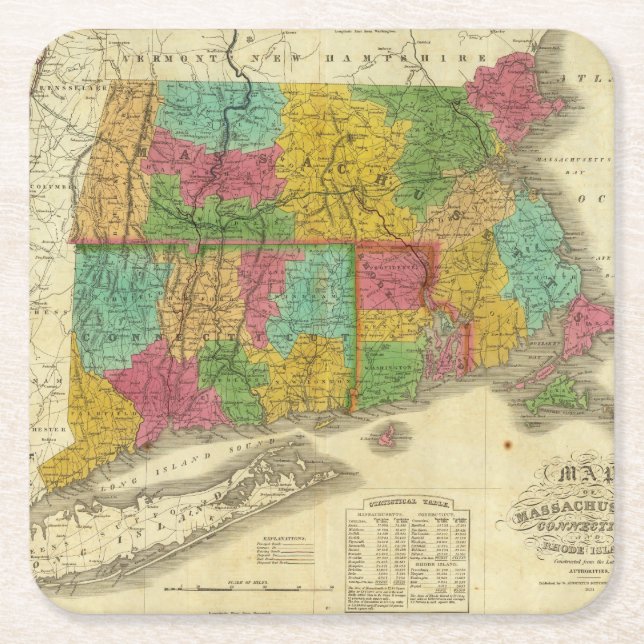 Porta-copo De Papel Quadrado Mapa de Massachusetts e de Connecticut (Frente)