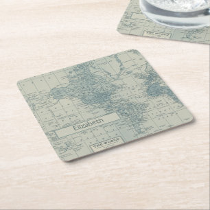 Porta-copo De Papel Quadrado Mapa Mundial Vintage personalize seu próprio nome