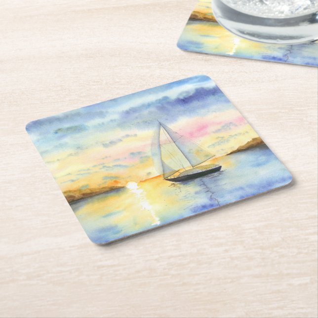 Porta-copo De Papel Quadrado Mar no pôr do sol (Inclinado)