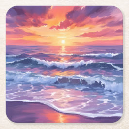 Porta-copo De Papel Quadrado Maré Violeta | Ondas do Oceano do Pôr do Sol Roxo 