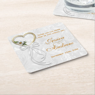 Porta-copo De Papel Quadrado Margarida Romântica, Coração Dourado & Fita Branca