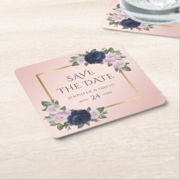 Porta-copo De Papel Quadrado Marinho Azul Dourado Blush Casamento Salvar A Data