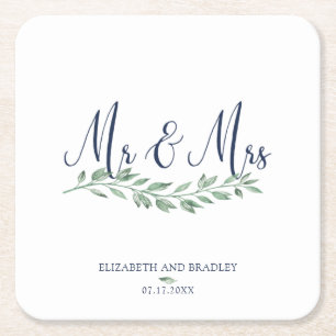Porta-copo De Papel Quadrado Marinho Blue Script MR e SRA. Greenery Wedding